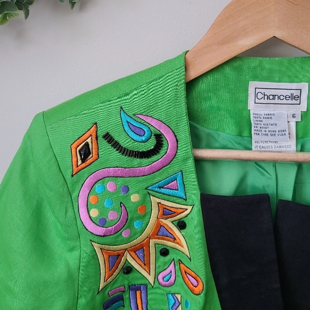 Vintage CHANCELLE Jacket Blazer  Fitted Green Colorful Embroidery Beaded - Picture 4 of 8